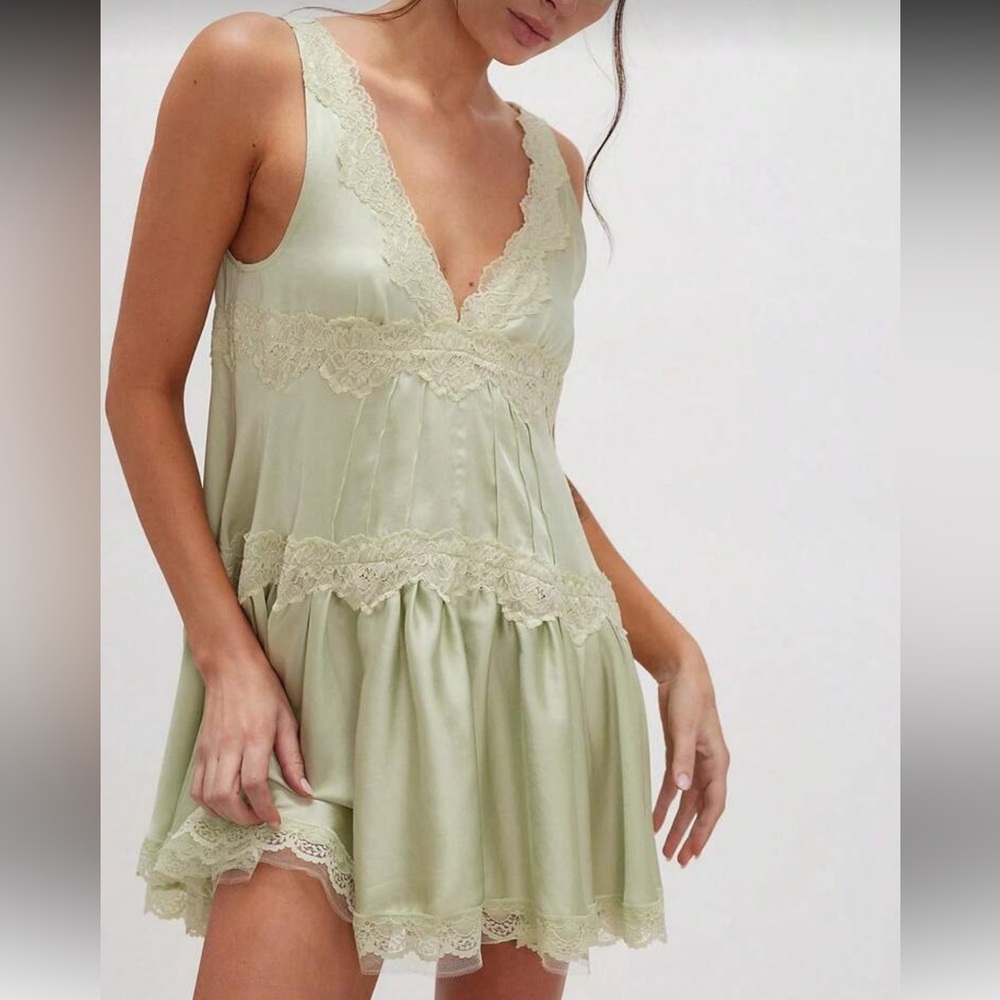 Free People Lace-Trim Satin Chemise in Sage Green